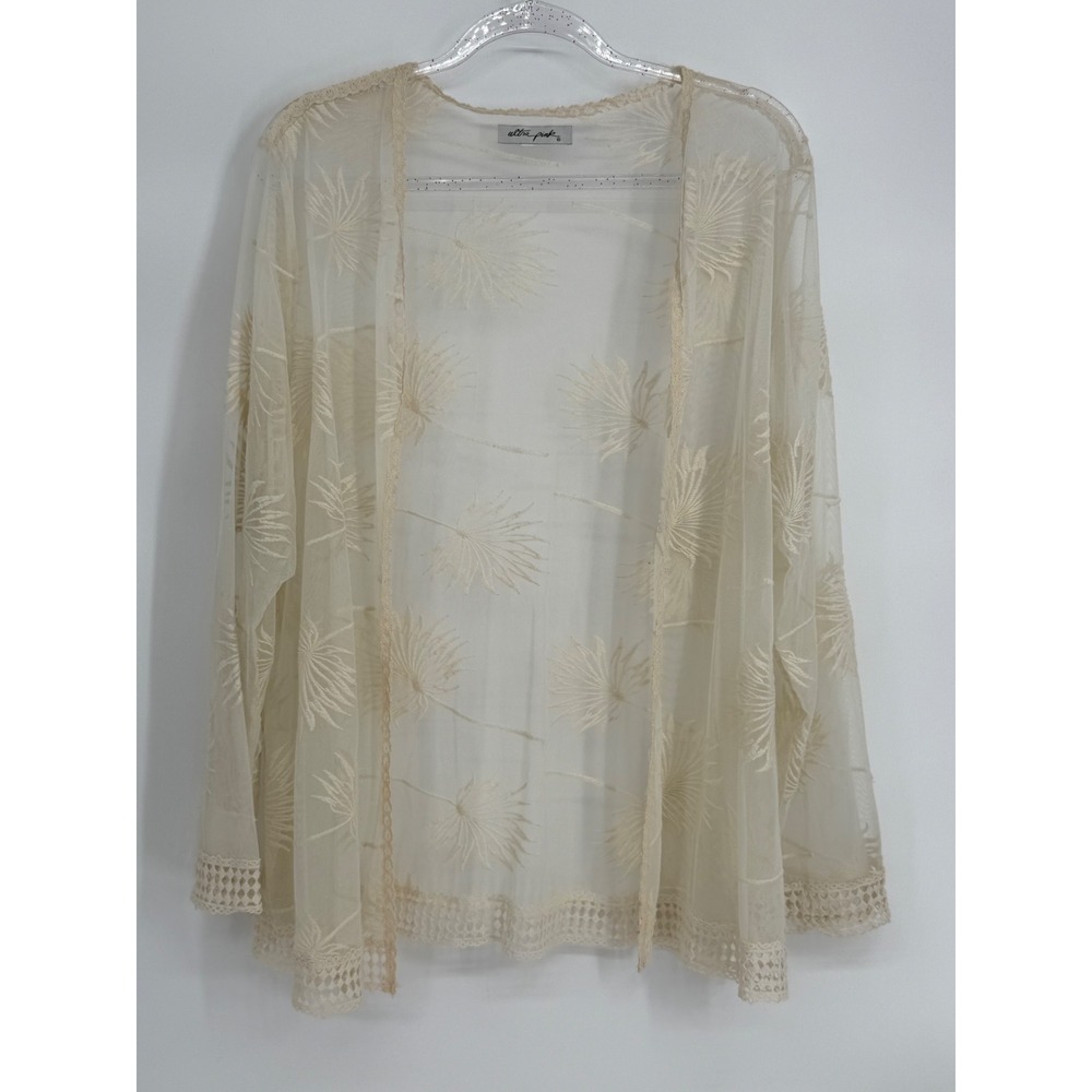 Ultra Pink Womens Cream Mesh Palm Leaf Embroidered Lace Kimono Cardigan Sz L